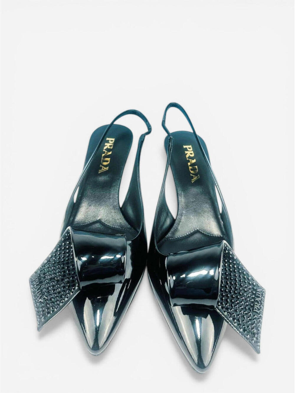 Prada Black Patent Leather Logo Bow Kitten Heel Slingback EU 36.5 | NIB - Picture 3 of 8